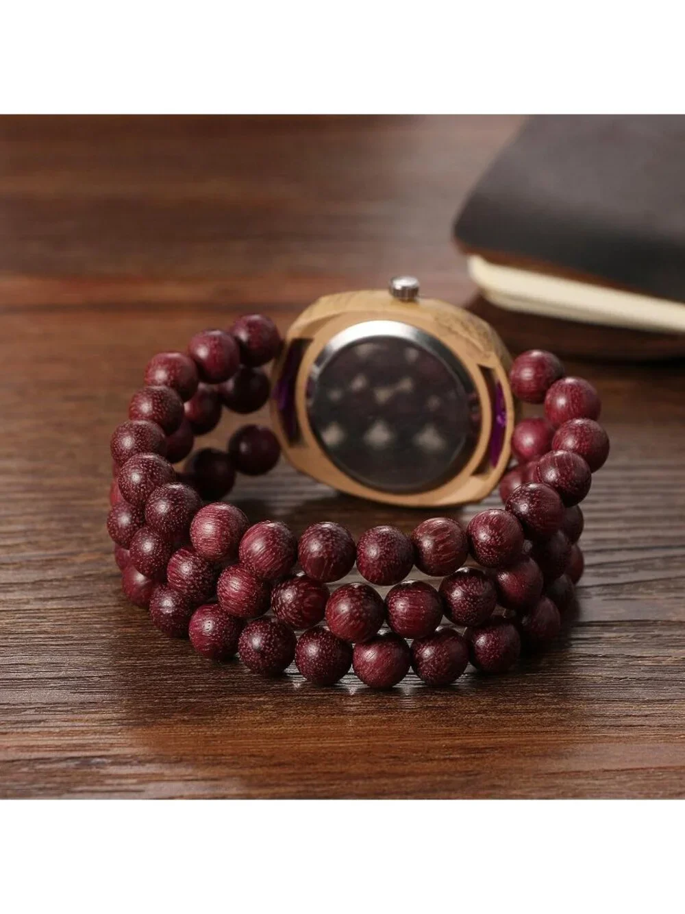 Women Red And Colorful Dial Analog Buddhist Beaded Bracelet Elastic Wooden Watch